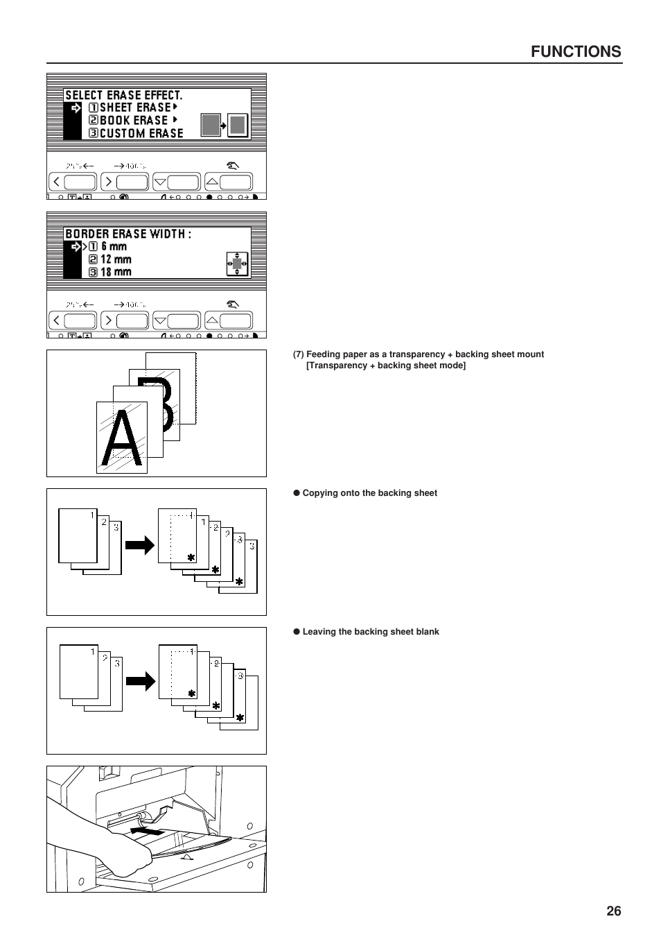 Copying onto the backing sheet, Leaving the backing sheet blank, Transparency + backing sheet mode | Functions | TA Triumph-Adler DC 2023 User Manual | Page 29 / 90