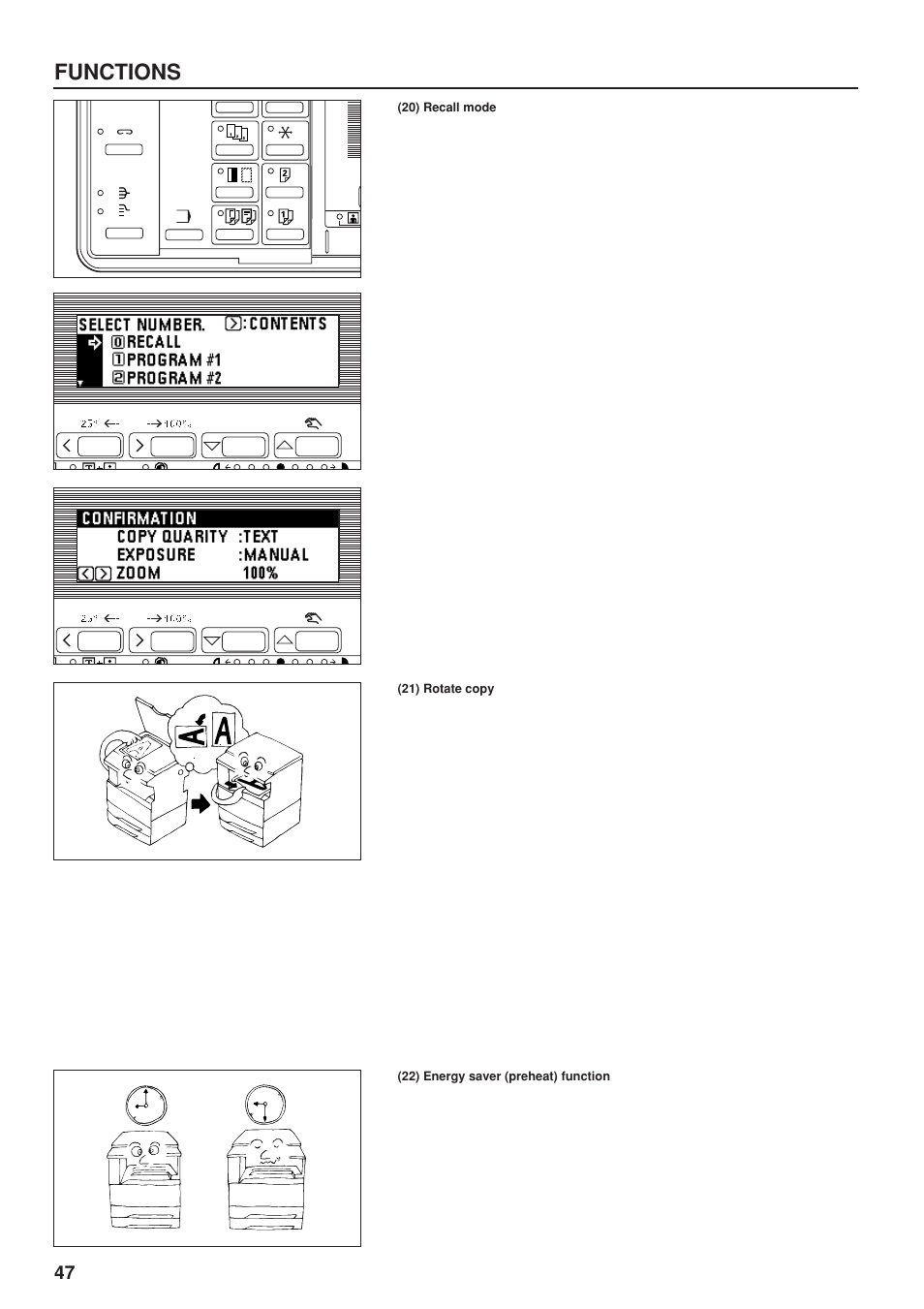 20) recall mode, 21) rotate copy, 22) energy saver (preheat) function | Functions | TA Triumph-Adler DC 2023 User Manual | Page 50 / 90