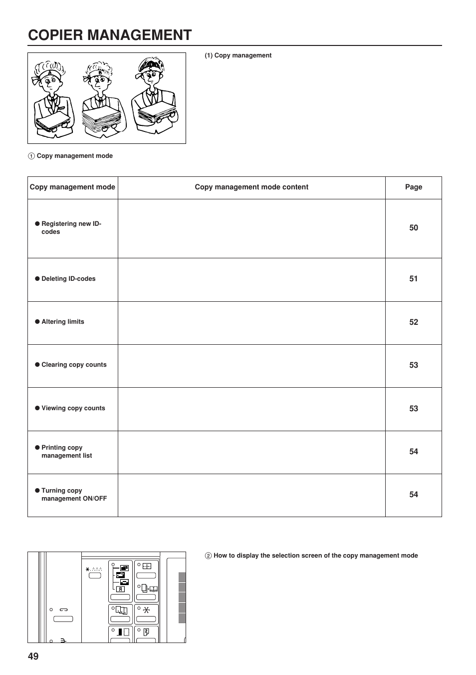 Copier management, 1) copy management, 1 copy management mode | Copier management (1) copy management, Copy management mode, How to display the selection screen of the copy, Management mode | TA Triumph-Adler DC 2023 User Manual | Page 52 / 90