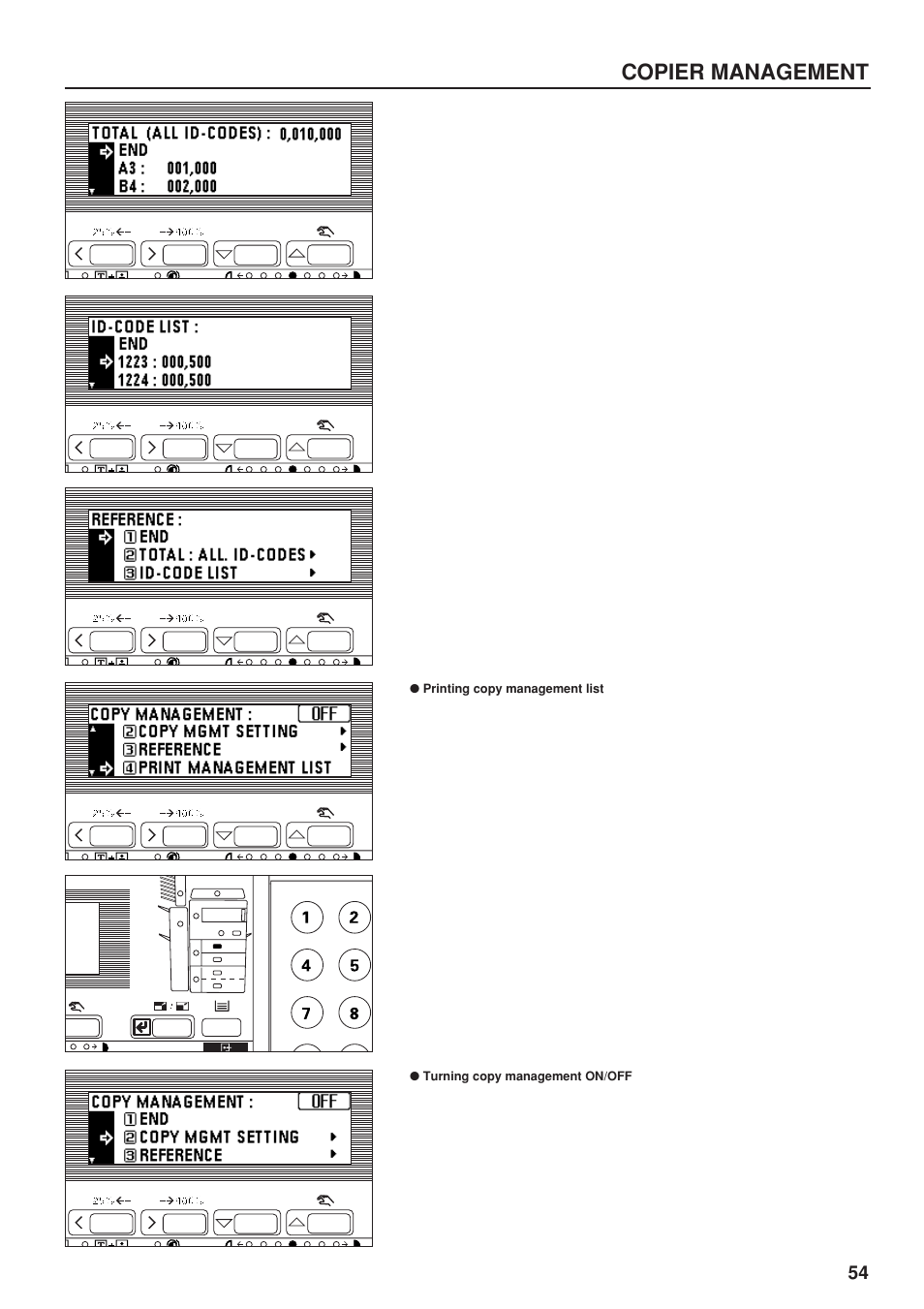 Printing copy management list, Turning copy management on/off, Copier management | TA Triumph-Adler DC 2023 User Manual | Page 57 / 90