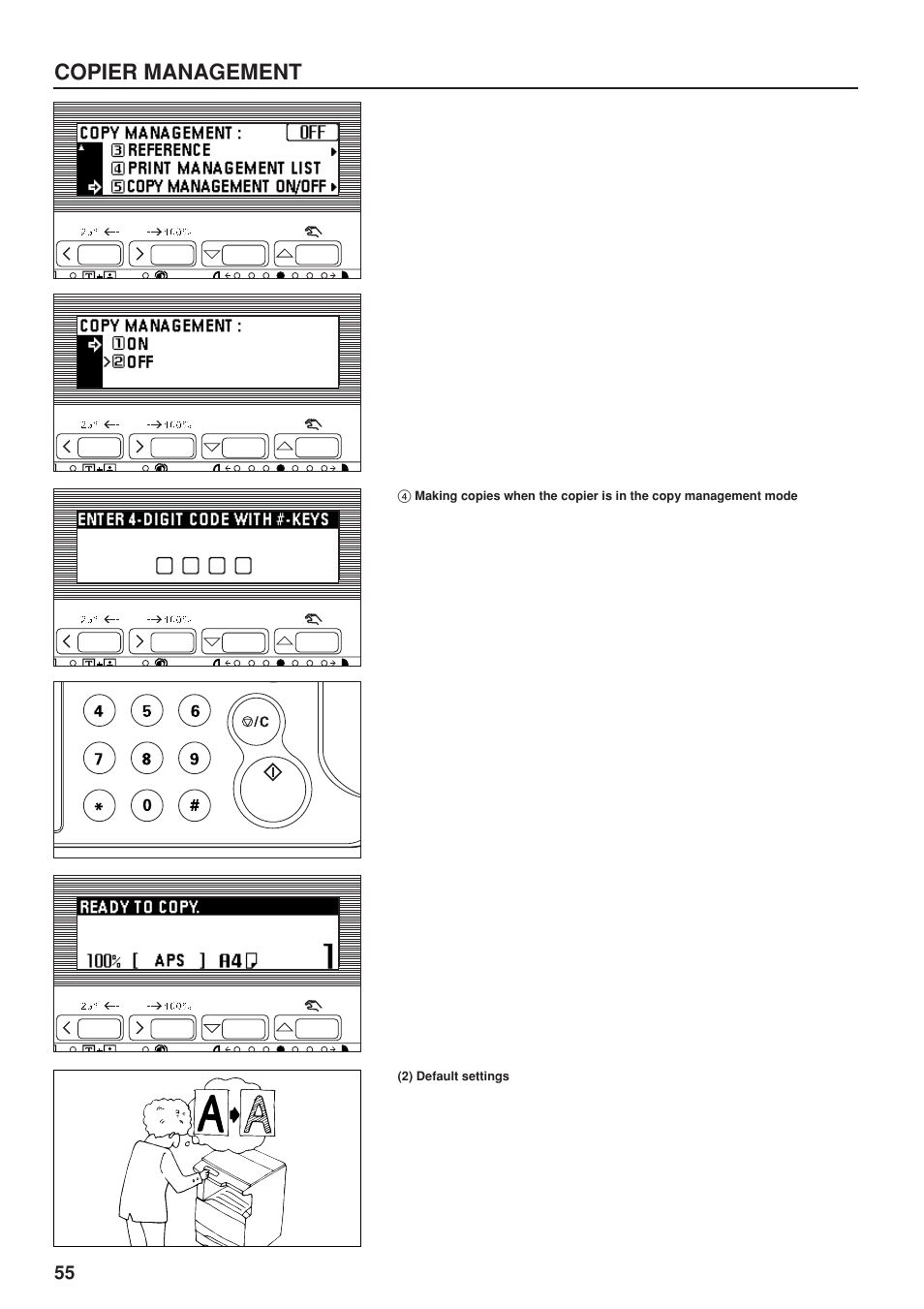 2) default settings, Making copies when the copier is in the copy, Management mode | Copier management | TA Triumph-Adler DC 2023 User Manual | Page 58 / 90