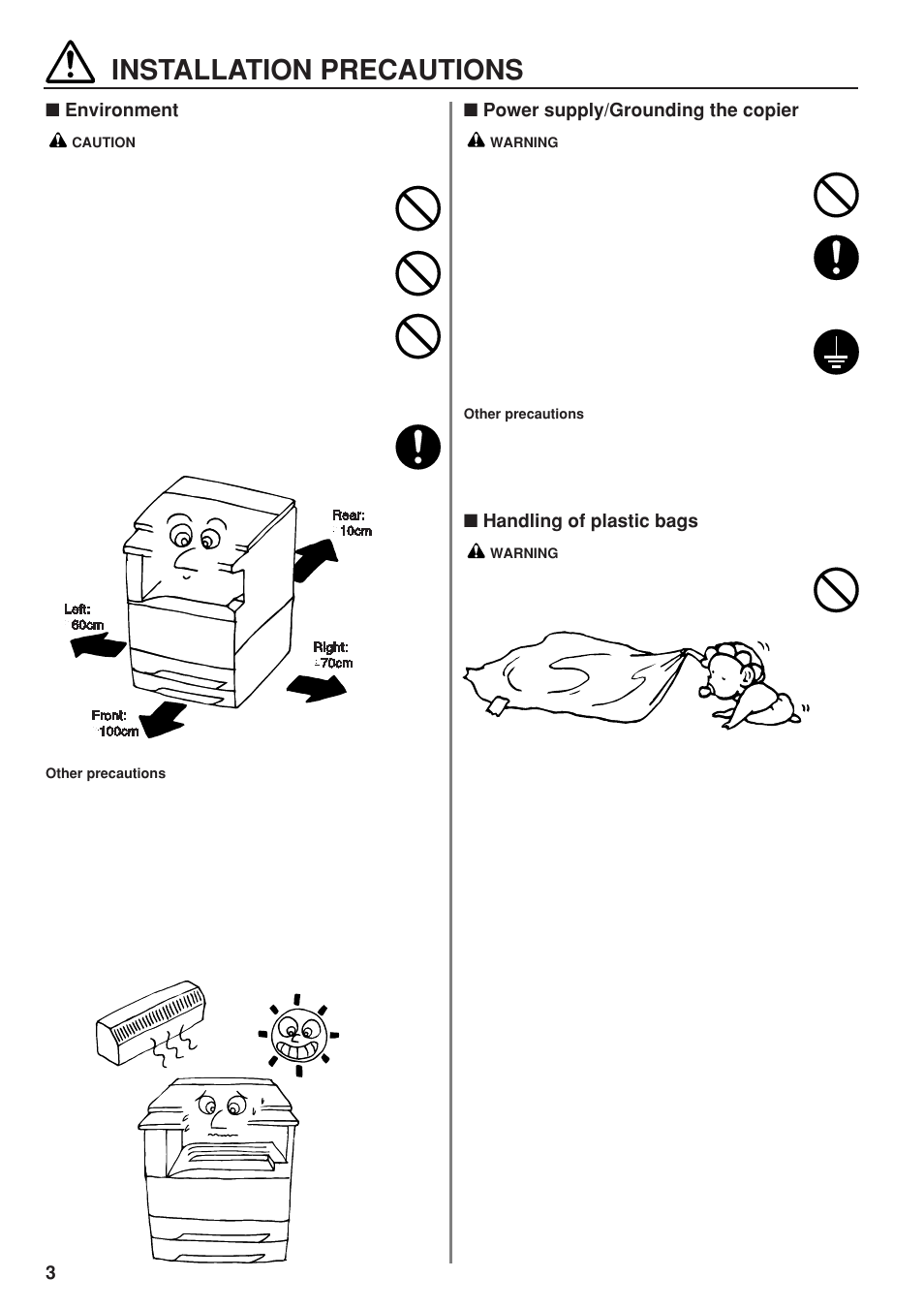 Installation precautions, Environment, Power supply/grounding the copier | Handling of plastic bags | TA Triumph-Adler DC 2023 User Manual | Page 6 / 90