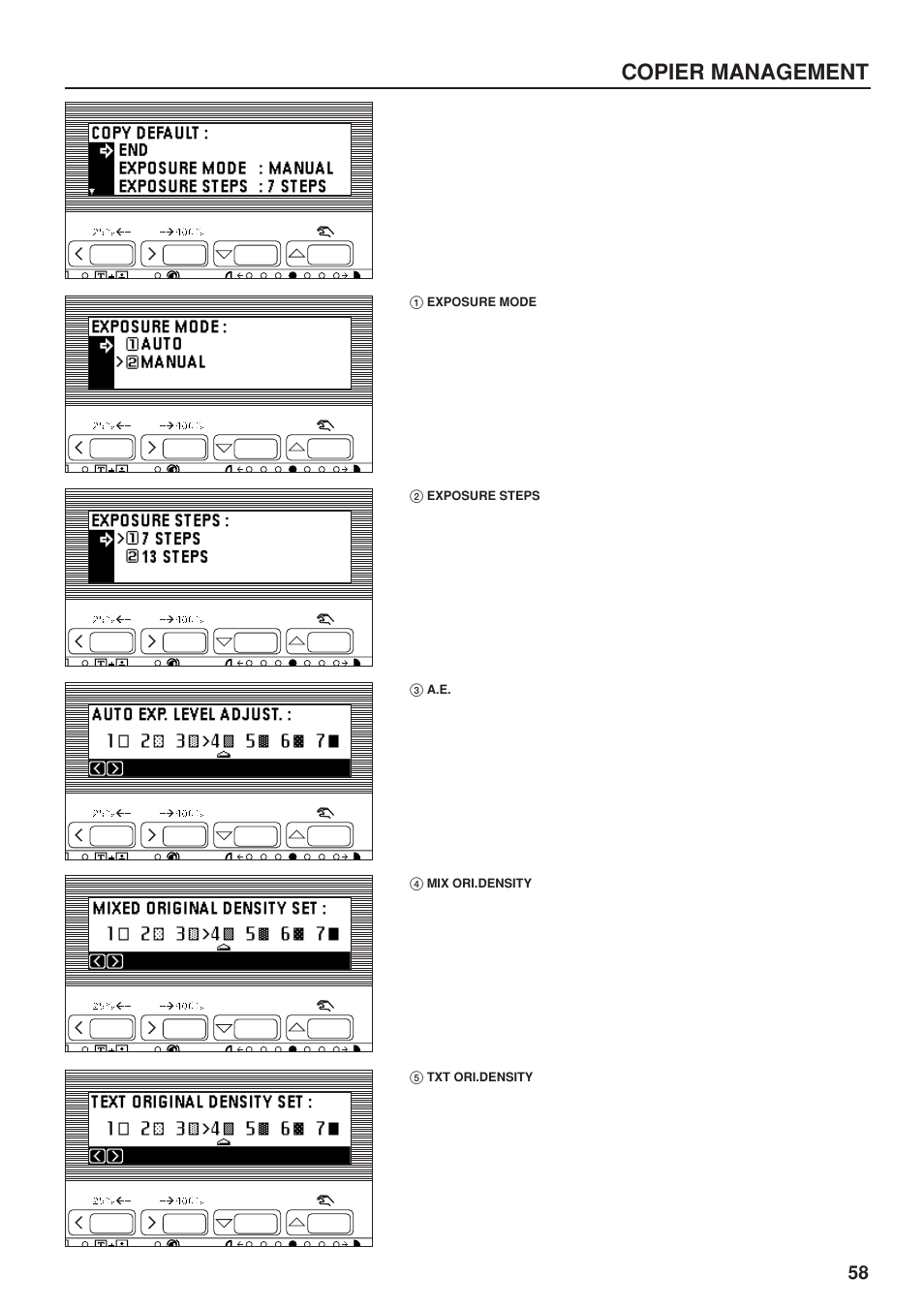 1 exposure mode, 2 exposure steps, 3 a.e | 4 mix ori.density, 5 txt ori.density, Exposure mode, Exposure steps, Mix ori.density, Txt ori.density, Copier management | TA Triumph-Adler DC 2023 User Manual | Page 61 / 90