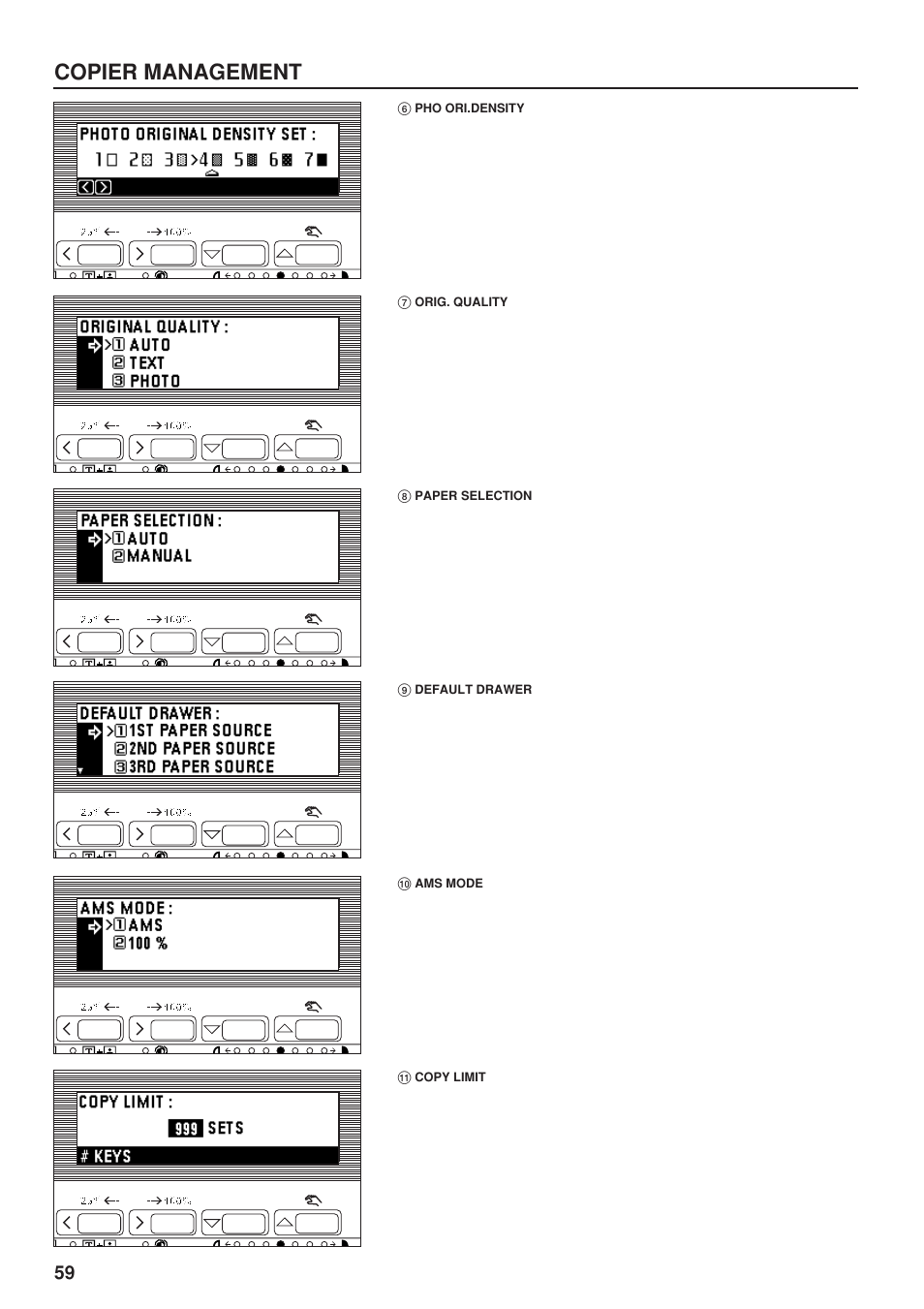 6 pho ori.density, 7 orig. quality, 8 paper selection | 9 default drawer, 10 ams mode, 11 copy limit, Pho ori.density, Orig. quality, Paper selection, Default drawer | TA Triumph-Adler DC 2023 User Manual | Page 62 / 90