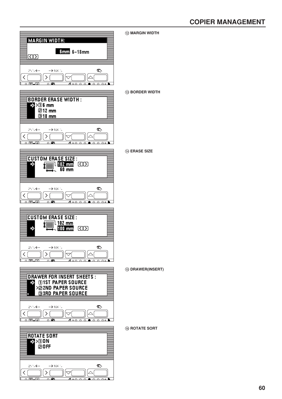 12 margin width, 13 border width, 14 erase size | 15 drawer(insert), 16 rotate sort, Margin width, Border width, Erase size, Drawer(insert), Rotate sort | TA Triumph-Adler DC 2023 User Manual | Page 63 / 90