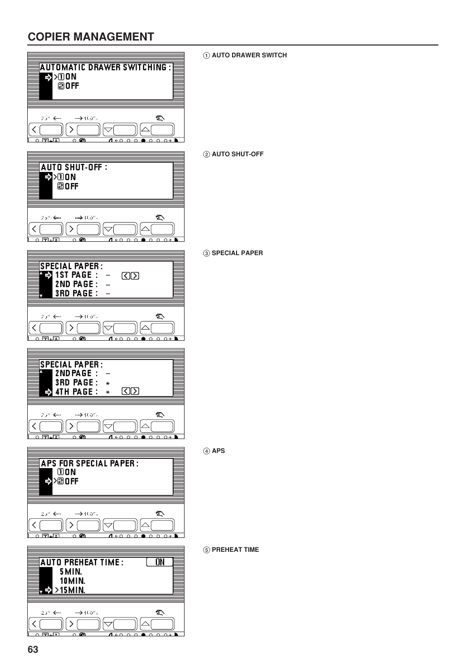 1 auto drawer switch, 2 auto shut-off, 3 special paper | 4 aps, 5 preheat time, Auto drawer switch, Auto shut-off, Special paper, Preheat time, Copier management | TA Triumph-Adler DC 2023 User Manual | Page 66 / 90