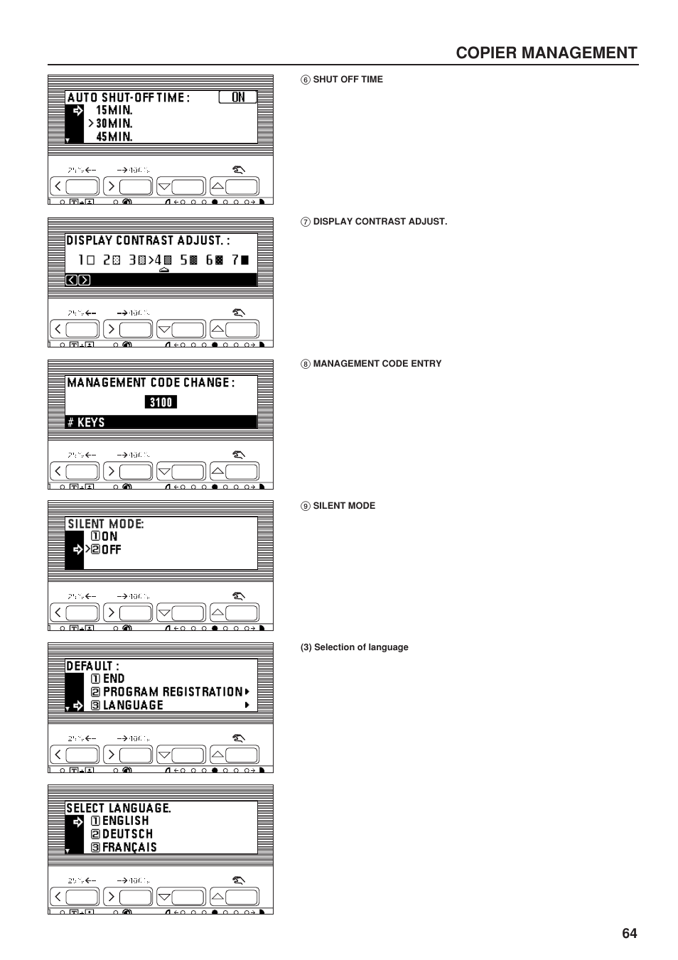 6 shut off time, 7 display contrast adjust, 8 management code entry | 9 silent mode, 3) selection of language, Shut off time, Display contrast adjust, Management code entry, Silent mode, Copier management | TA Triumph-Adler DC 2023 User Manual | Page 67 / 90