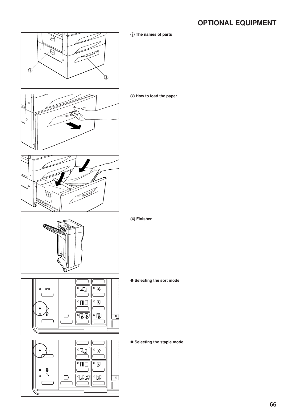 4) finisher, Selecting the sort mode, Selecting the staple mode | Optional equipment | TA Triumph-Adler DC 2023 User Manual | Page 69 / 90