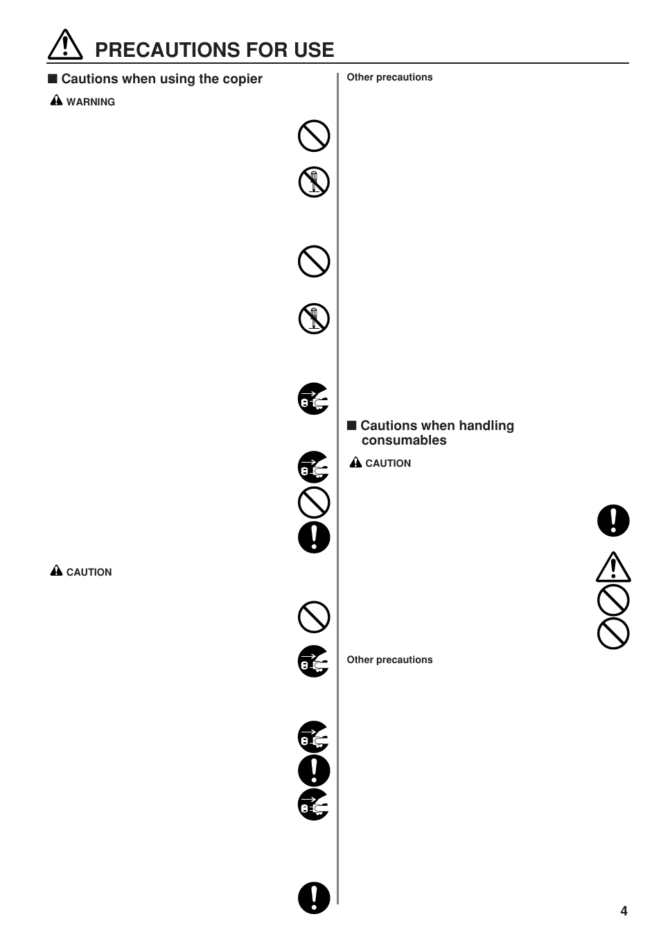 Precautions for use, Cautions when using the copier, Cautions when handling consumables | TA Triumph-Adler DC 2023 User Manual | Page 7 / 90