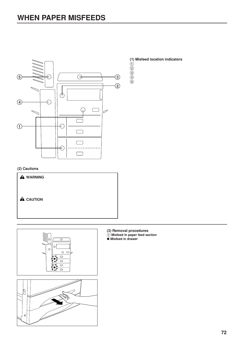 1) misfeed location indicators, 2) cautions, 3) removal procedures | When paper misfeeds | TA Triumph-Adler DC 2023 User Manual | Page 75 / 90