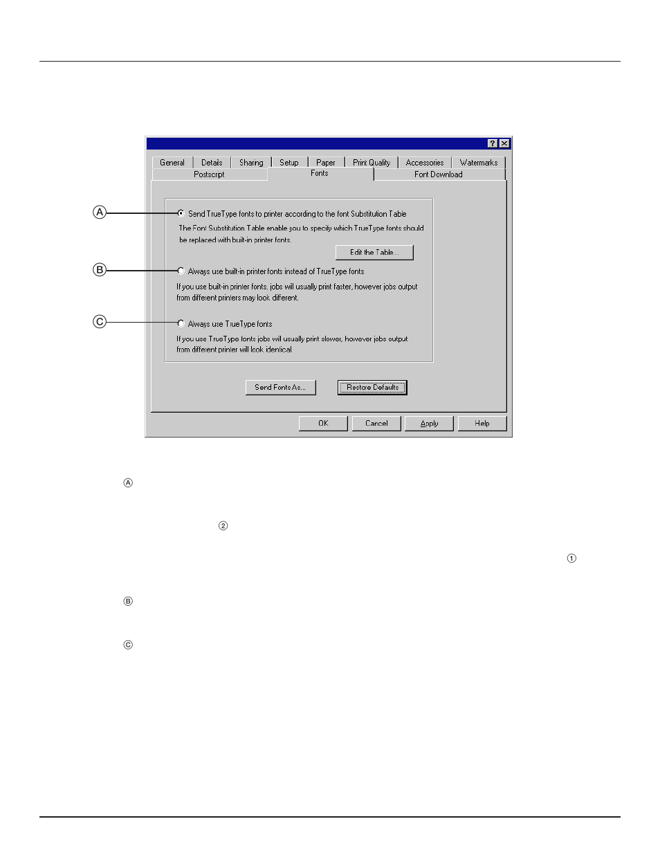 9 fonts tab (for ps printer driver only), 1. printer drivers for windows 95, Ab c | TA Triumph-Adler DC 2023 User Manual | Page 15 / 44