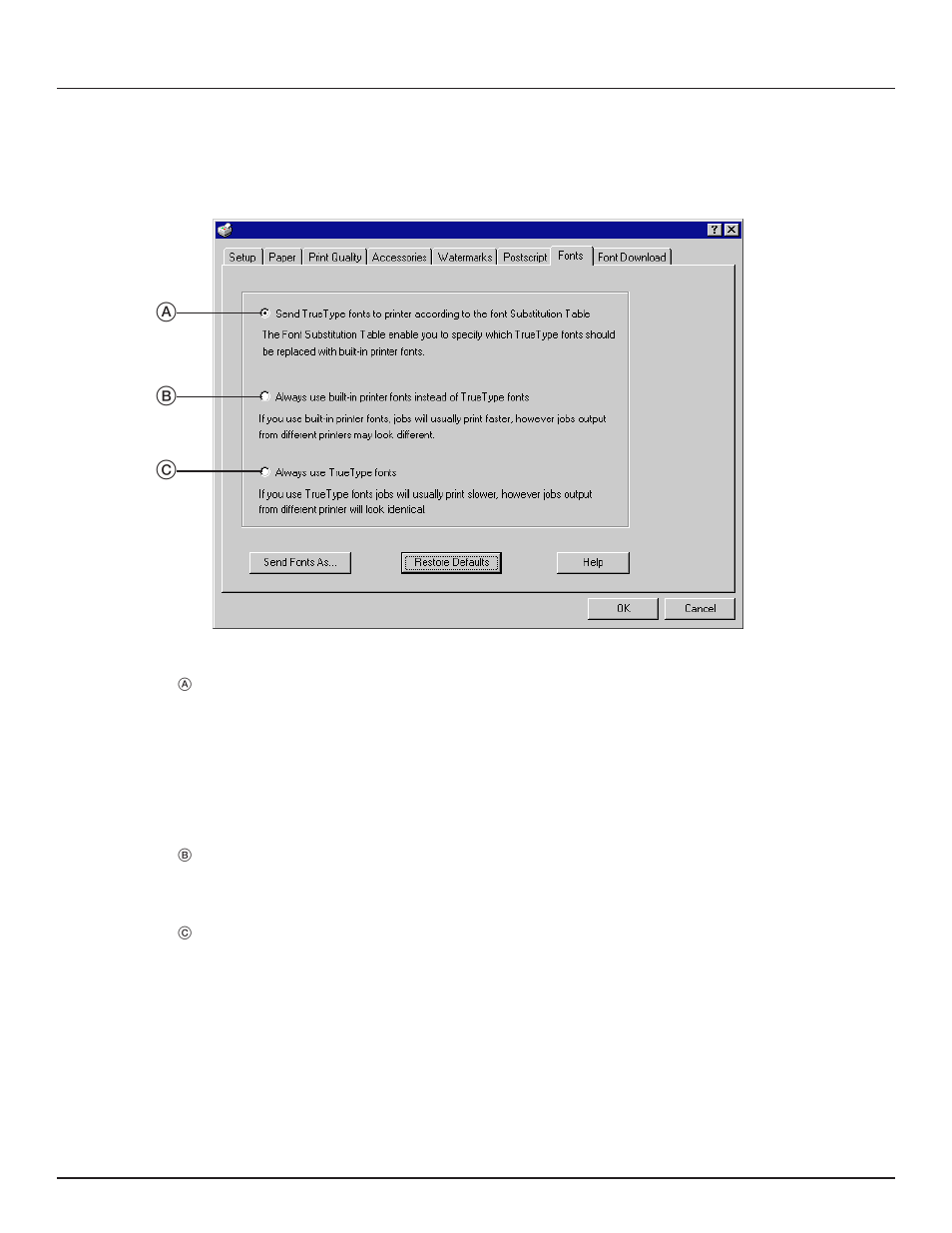 9 fonts tab (for ps printer driver only), 2. printer drivers for windows nt 4.0, Ab c | TA Triumph-Adler DC 2023 User Manual | Page 29 / 44