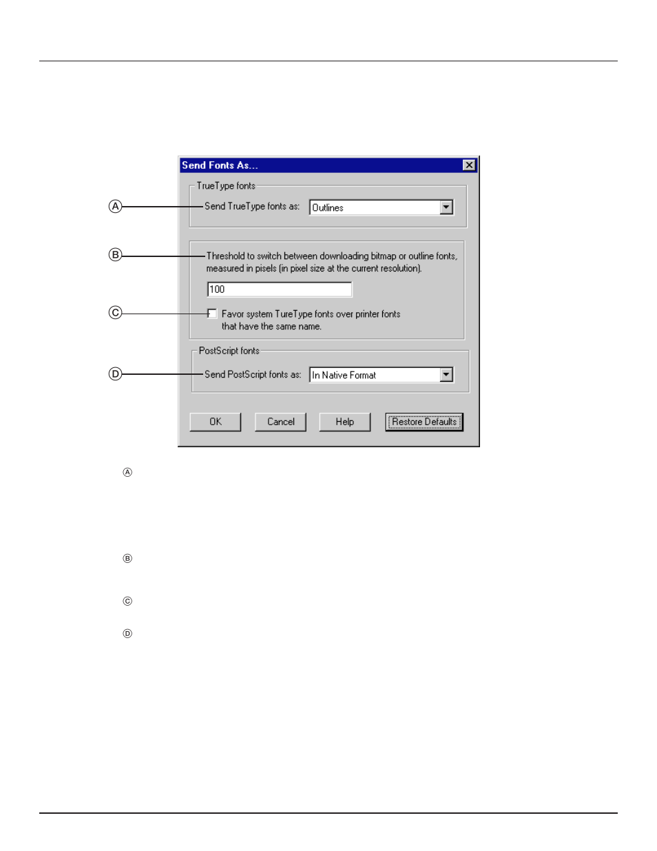 And refer to, Send, 2. printer drivers for windows nt 4.0 | Ab c d, Send fonts as | TA Triumph-Adler DC 2023 User Manual | Page 30 / 44