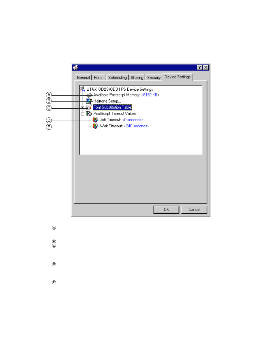 2. printer drivers for windows nt 4.0, Ab c d e, Device settings | TA Triumph-Adler DC 2023 User Manual | Page 32 / 44