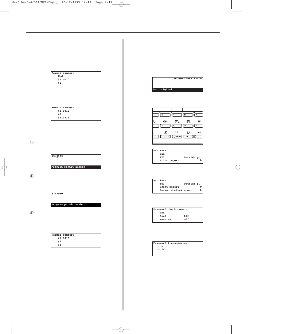 4) modifying and deleting permit id numbers, 5) password check transmission on/off, 4) modifying and deleting permit id numbers -49 | 5) password check transmission on/off -49 | TA Triumph-Adler DC 2023 User Manual | Page 121 / 167