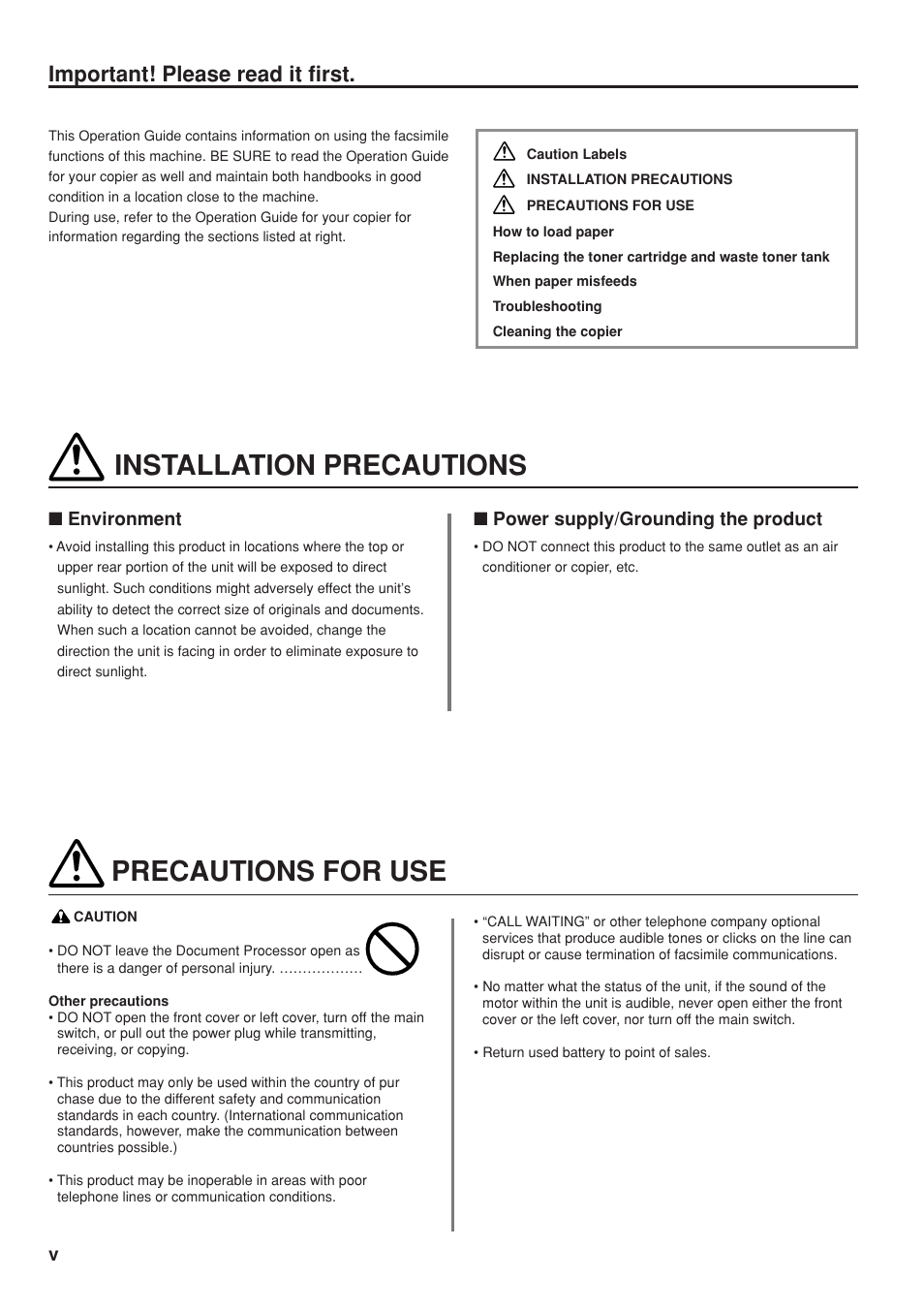 Installation precautions precautions for use, Important! please read it first, Environment ■ power supply/grounding the product | TA Triumph-Adler DC 2025 User Manual | Page 8 / 147