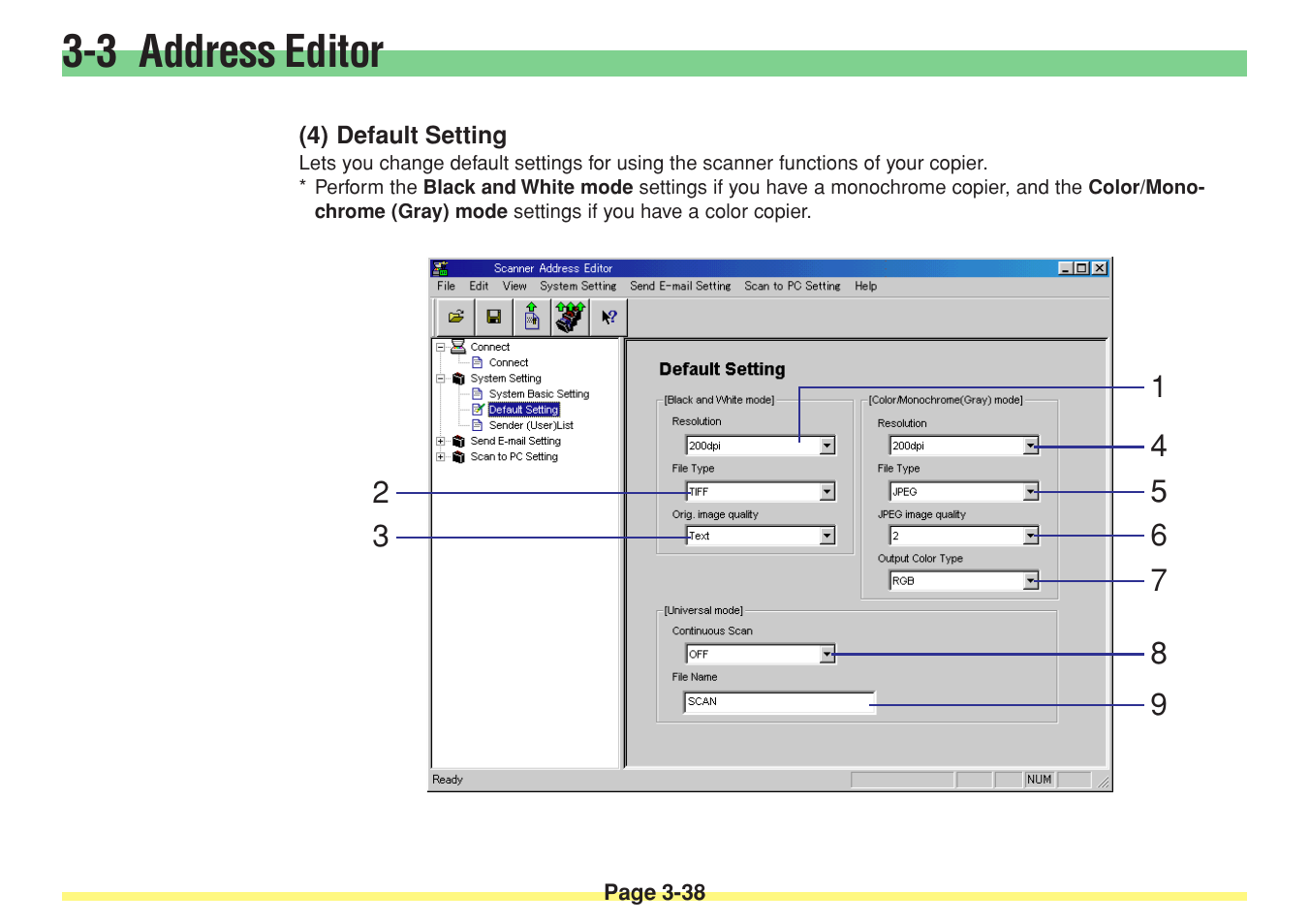 4) default setting, Default setting -38, 3 address editor | TA Triumph-Adler DC 2025 User Manual | Page 111 / 182