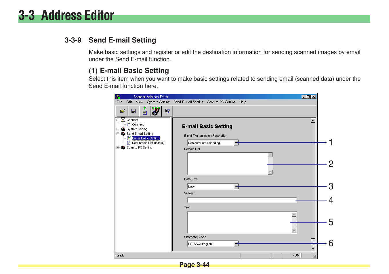 3-9 send e-mail setting, 1) e-mail basic setting, Send e-mail setting -44 (1) | E-mail basic setting -44, 3 address editor | TA Triumph-Adler DC 2025 User Manual | Page 117 / 182