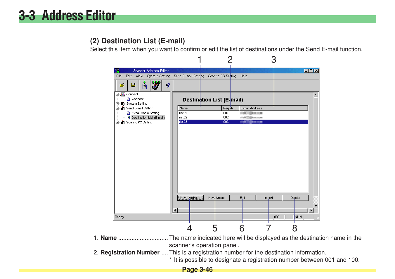 2) destination list (e-mail), Destination list (e-mail) -46, 3 address editor | TA Triumph-Adler DC 2025 User Manual | Page 119 / 182