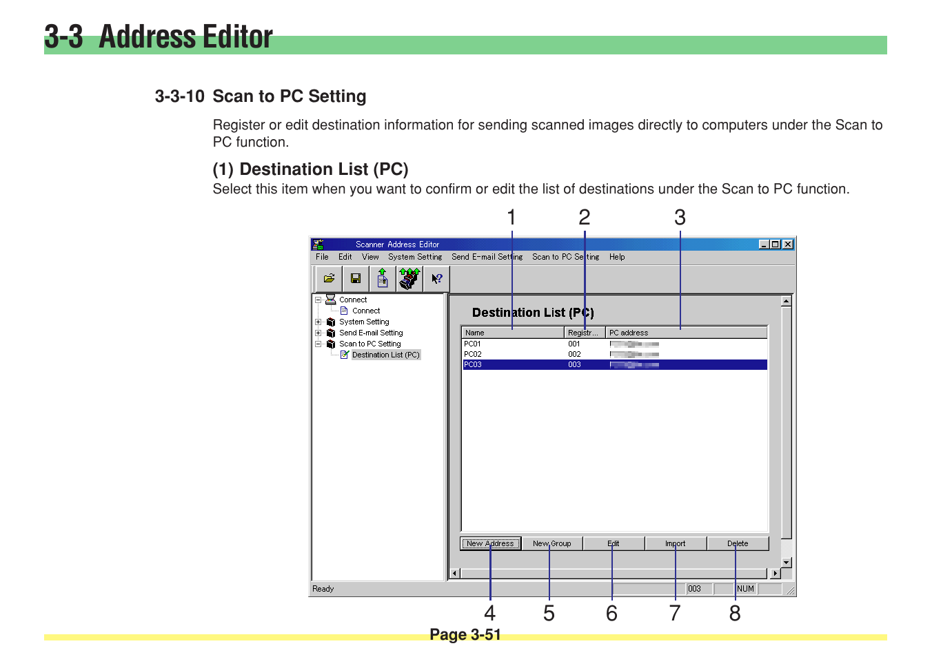 3-10 scan to pc setting, 1) destination list (pc), 3-10 scan to pc setting -51 | Destination list (pc) -51, 3 address editor | TA Triumph-Adler DC 2025 User Manual | Page 124 / 182