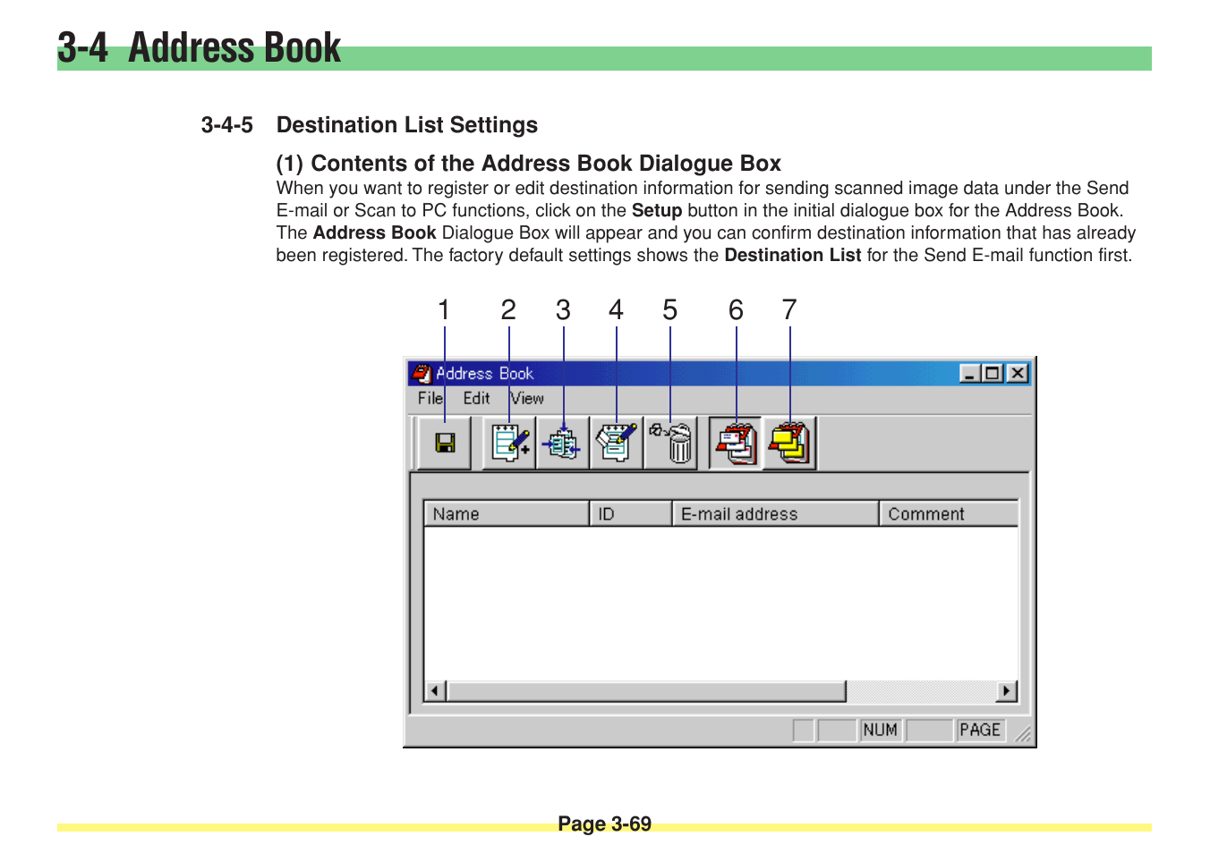4-5 destination list settings, 1) contents of the address book dialogue box, Destination list settings -69 (1) | Contents of the address book dialogue box -69, 4 address book | TA Triumph-Adler DC 2025 User Manual | Page 142 / 182