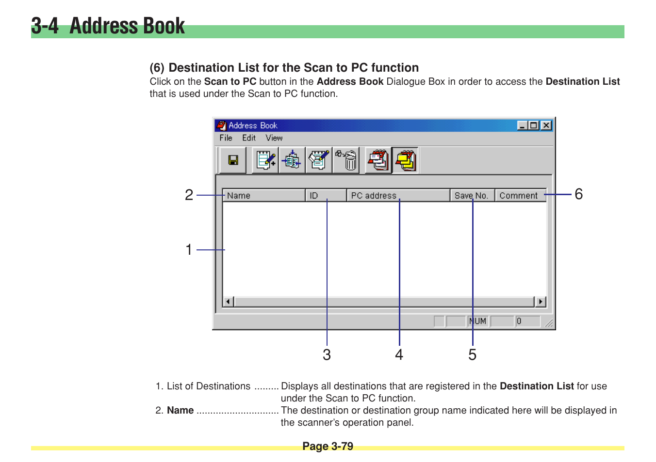 6) destination list for the scan to pc function, Destination list for the scan to pc function -79, 4 address book | TA Triumph-Adler DC 2025 User Manual | Page 152 / 182