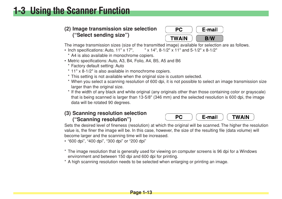 Select sending size, Scanning resolution, 3 using the scanner function | TA Triumph-Adler DC 2025 User Manual | Page 30 / 182