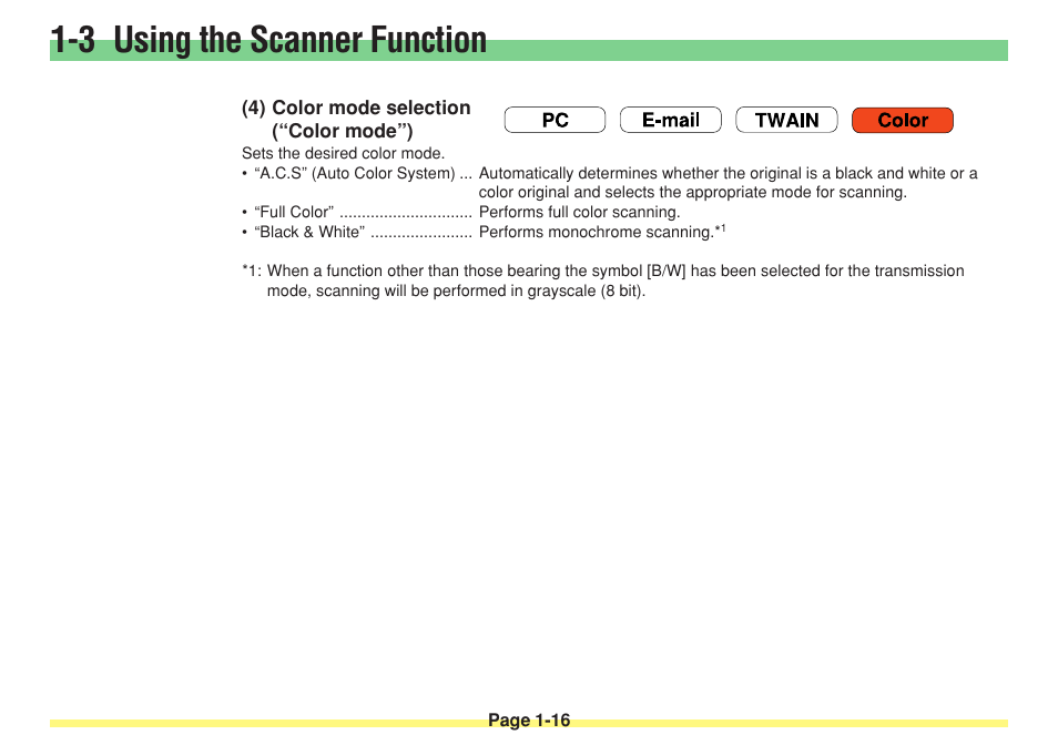 4) color mode selection ("color modeé), Color mode selection (“color mode”) -16, Color mode | Sets the desired color mode, 3 using the scanner function | TA Triumph-Adler DC 2025 User Manual | Page 33 / 182