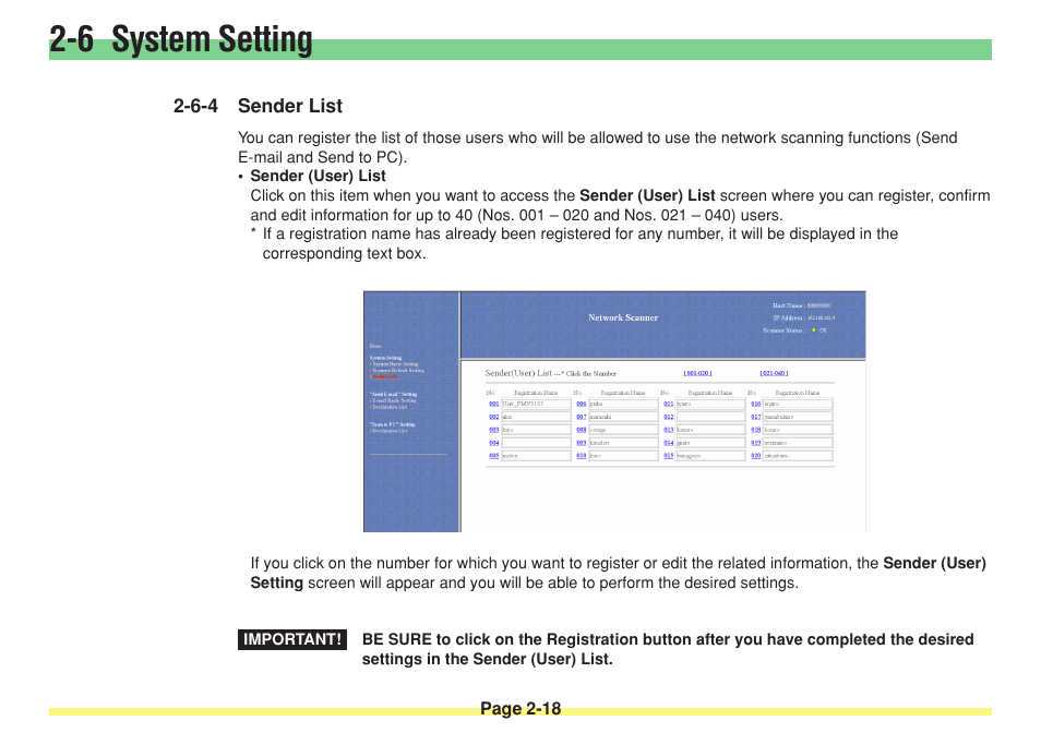 6-4 sender list, Sender list -18, Register the transmitting site’s email address | 6 system setting | TA Triumph-Adler DC 2025 User Manual | Page 54 / 182
