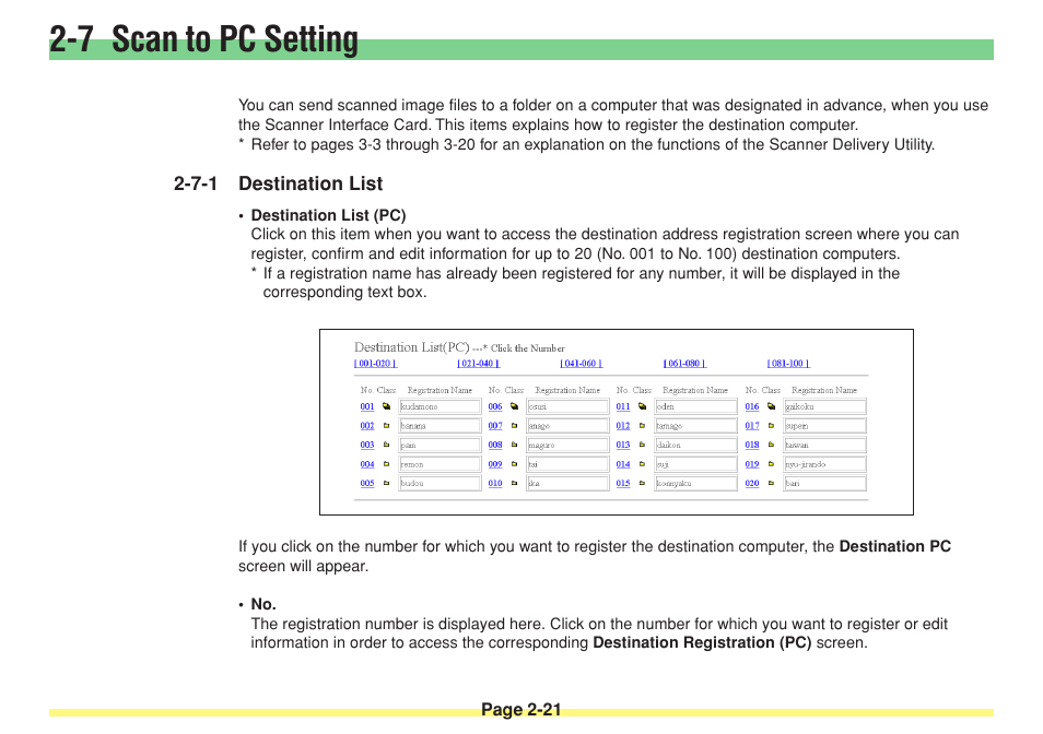 7 scan to pc setting, 7-1 destination list, 7 scan to pc setting -21 | Destination list -21, Register the destination computer | TA Triumph-Adler DC 2025 User Manual | Page 57 / 182