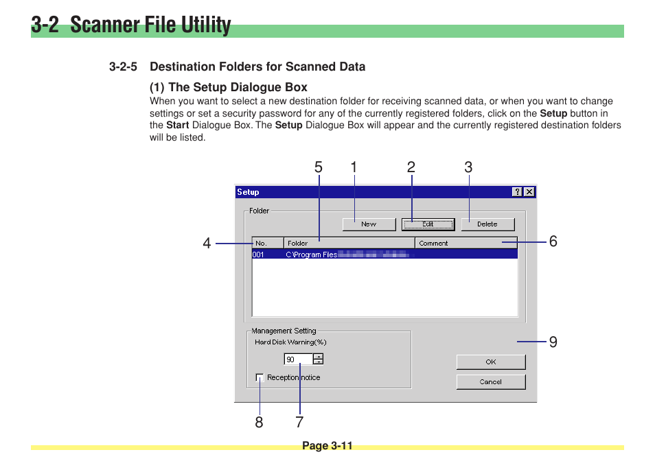 2-5 destination folders for scanned data, 1) the setup dialogue box, Destination folders for scanned data -11 (1) | The setup dialogue box -11, 2 scanner file utility | TA Triumph-Adler DC 2025 User Manual | Page 84 / 182