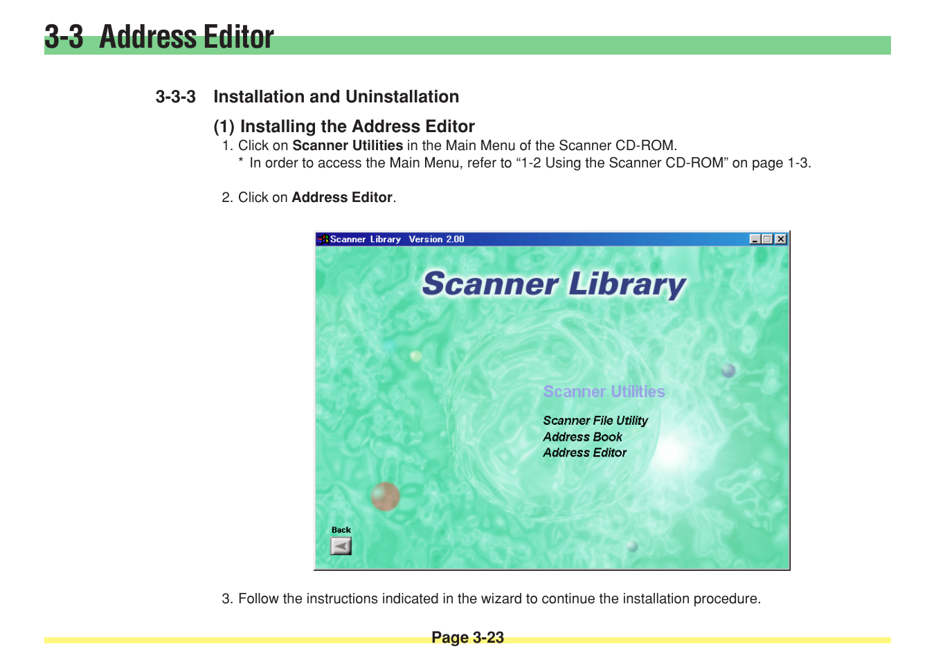 3-3 installation and uninstallation, 1) installing the address editor, Installation and uninstallation -23 (1) | Installing the address editor -23, 3 address editor | TA Triumph-Adler DC 2025 User Manual | Page 96 / 182