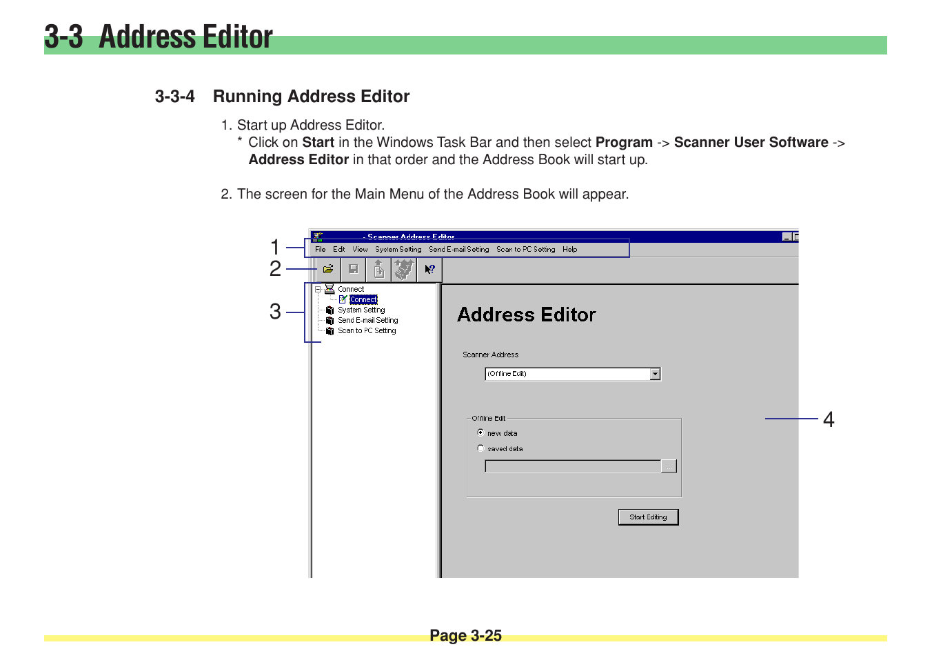 3-4 running address editor, Running address editor -25, 3 address editor | TA Triumph-Adler DC 2025 User Manual | Page 98 / 182