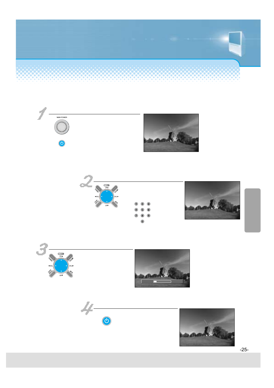 Press the “main power” button, Press the “ ch ” button, Adjust volume | Press the “power” button for turning the tv off | Daewoo 5520CRA User Manual | Page 26 / 61