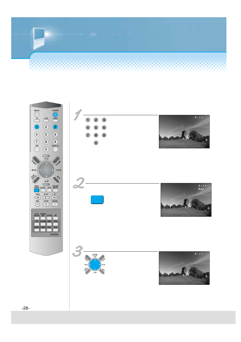 Press the “add/erase” button, Check the channel by pressing the “ ch ” button | Daewoo 5520CRA User Manual | Page 29 / 61