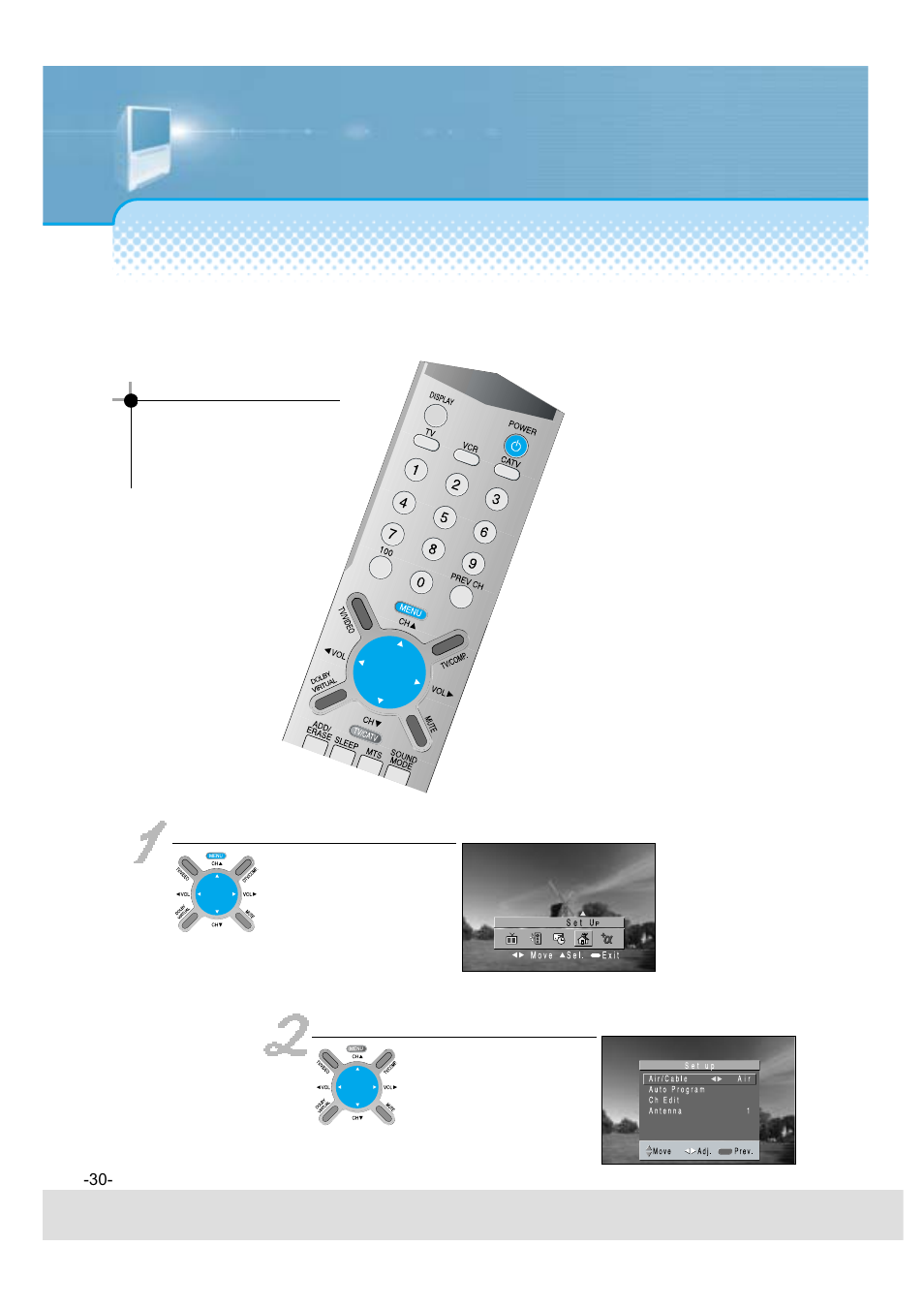 Minute adjustment of channel, Select “air/cable | Daewoo 5520CRA User Manual | Page 31 / 61
