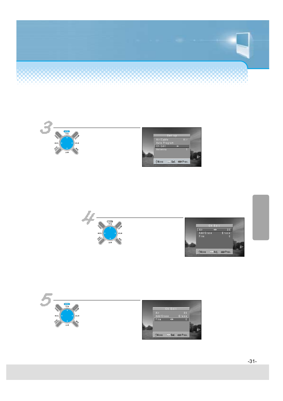 Select ch edit, Other items for channel adjustment, Select fine | Daewoo 5520CRA User Manual | Page 32 / 61