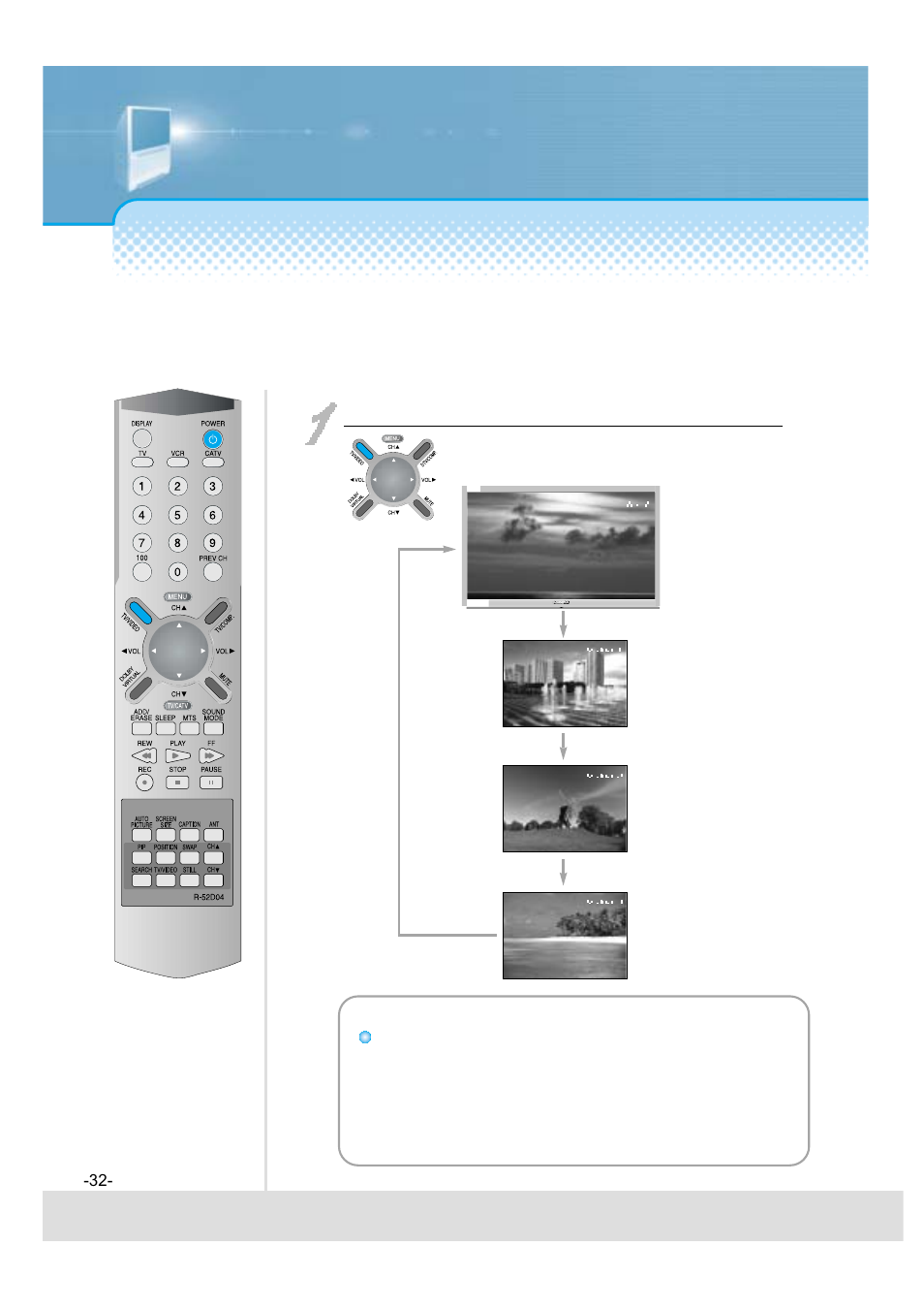 Selection of input signal, When watching video, camcorder, cable tv, Press the “tv/video” button | Daewoo 5520CRA User Manual | Page 33 / 61