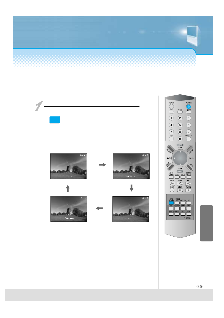 Screen adjustment, When setting up various screen mode, Press the “auto picture” button | Daewoo 5520CRA User Manual | Page 36 / 61