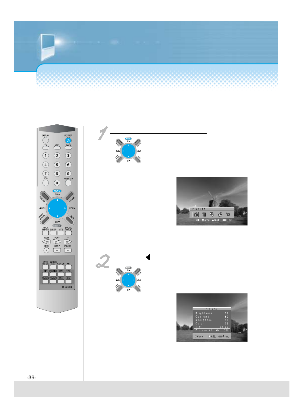When removing screen noise, Press the “menu” button. press the “ vol ” button | Daewoo 5520CRA User Manual | Page 37 / 61