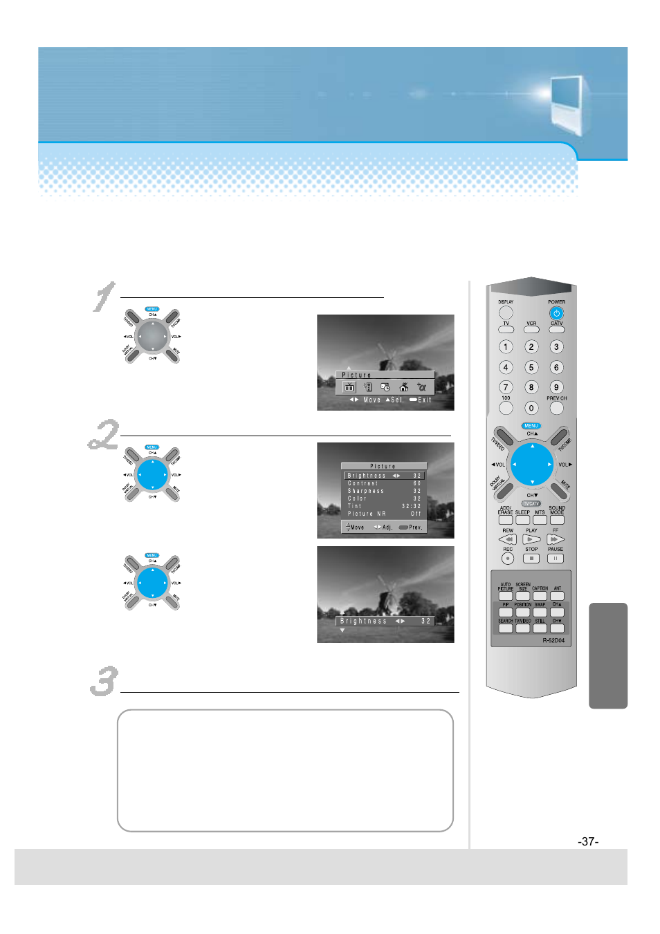 When adjusting the screen to taste, Press the “menu” button and “picture | Daewoo 5520CRA User Manual | Page 38 / 61