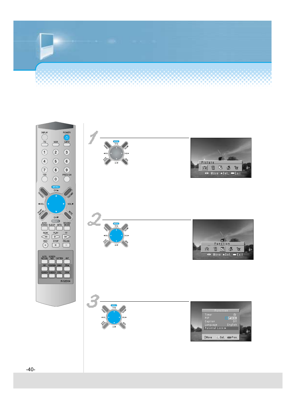 Setup of parental lock, Press the “menu” button, Select “function | Daewoo 5520CRA User Manual | Page 41 / 61