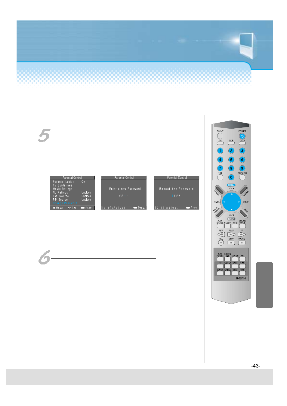 Change password, Exit from the “parental control” menu | Daewoo 5520CRA User Manual | Page 44 / 61
