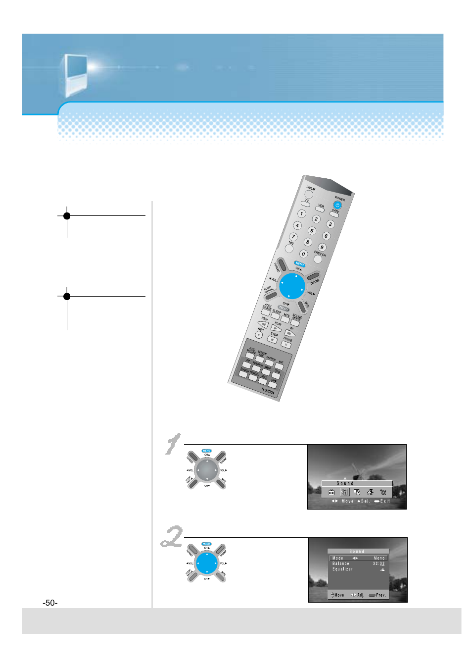 When adjusting sound to taste, Select “sound” by pressing the “menu” button | Daewoo 5520CRA User Manual | Page 51 / 61