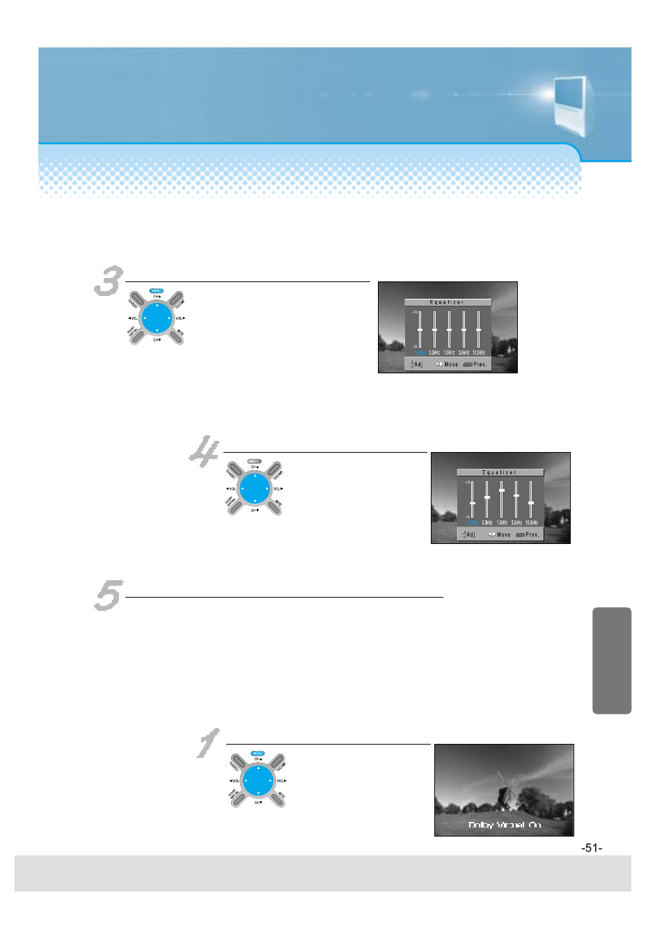 Dolby virtual sound, Adjust sound balance in the same manner, either, Press the “dolby virtual” button | Daewoo 5520CRA User Manual | Page 52 / 61