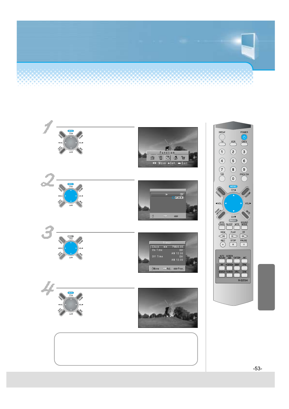 Adjustment of current time, Press the “menu” button and select “function, Press the “timer” for selection | Setup the “clock, Press the “menu” button if time setup is completed | Daewoo 5520CRA User Manual | Page 54 / 61