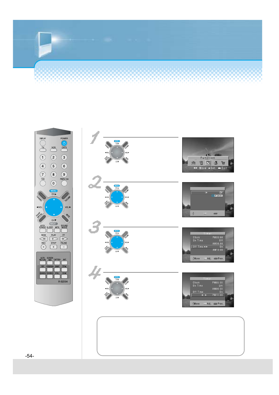 Setup of off-time, Select “function” after pressing the “menu” button, Press “timer” for selection | Select “off time” by pressing the “ ch ” button, Press the “menu” button if time setup is completed | Daewoo 5520CRA User Manual | Page 55 / 61