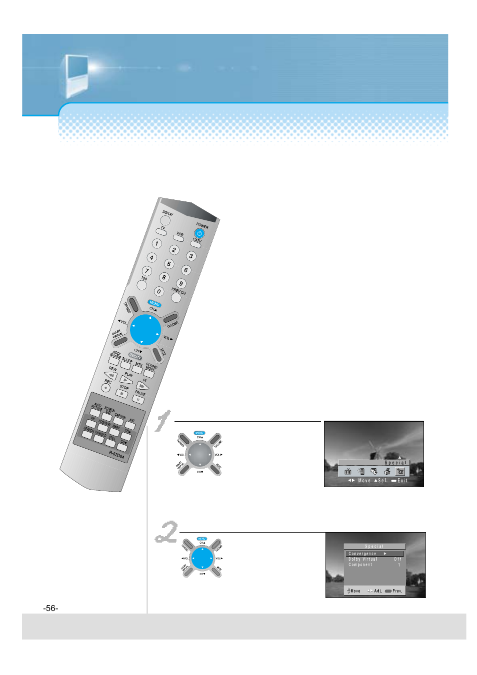 Adjustment of color match, Press the “menu” button, Select “special | Daewoo 5520CRA User Manual | Page 57 / 61