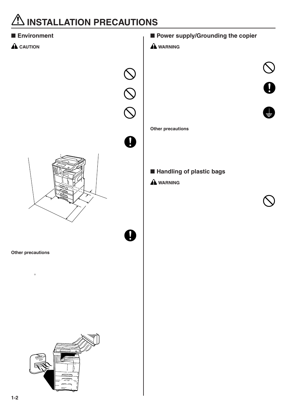 Installation precautions, Power supply/grounding the copier, Handling of plastic bags | Environment | TA Triumph-Adler DC 2025 User Manual | Page 10 / 139