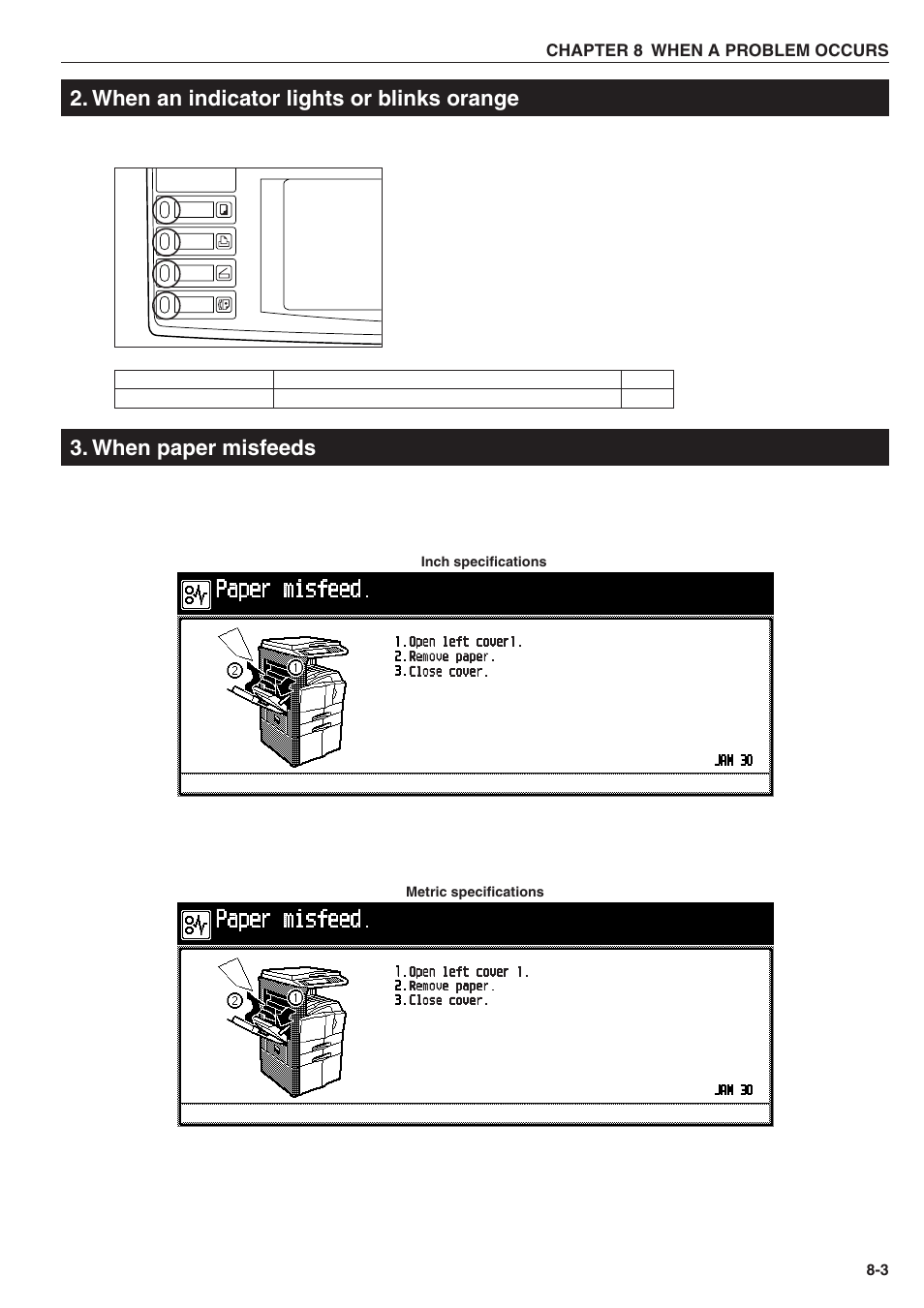 When an indicator lights or blinks orange, When paper misfeeds | TA Triumph-Adler DC 2025 User Manual | Page 123 / 139